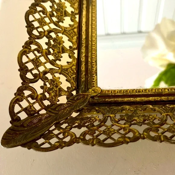 Vintage Gold Filigree Elegant Gold Framed Mirror Tray. - Picture 3 of 11
